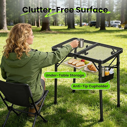 WildFinder Folding Camping Table, 3 Adjustable Height Max 27.5" Portable Grill Table with Mesh Bag, 2x1.3 FT Picnic Table for Outside, Camping, BBQ, Beach, Patio(Black)