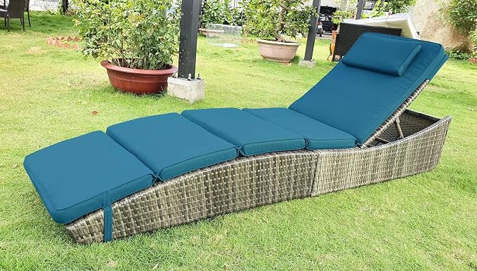 BTEXPERT Outdoor Chaise Lounges Pool Cushioned Chair Wicker Patio Rattan Poolside Folding Space Saving Sun Lounger Adjustable Backrest Couch Reclining Fully Assembled Blue One Piece