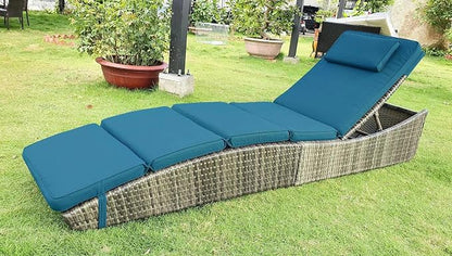 BTEXPERT Outdoor Chaise Lounges Pool Cushioned Chair Wicker Patio Rattan Poolside Folding Space Saving Sun Lounger Adjustable Backrest Couch Reclining Fully Assembled Blue One Piece