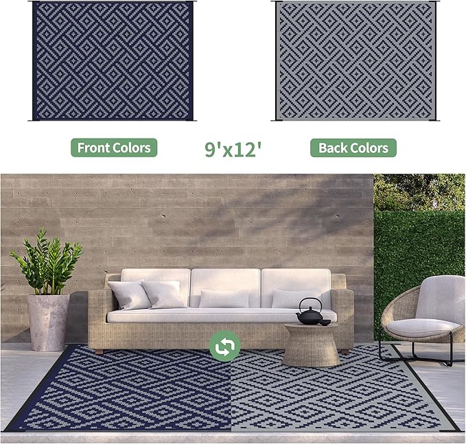 GENIMO Outdoor Rug, Waterproof Plastic Rugs 9'x12' for Camping Blue Grey | Outside Larger Modern Carpet Mat for Porch Decor, Deck, Balcony, Camping, RV, Backyard, Picnic, Beach, Reversible, Foldable