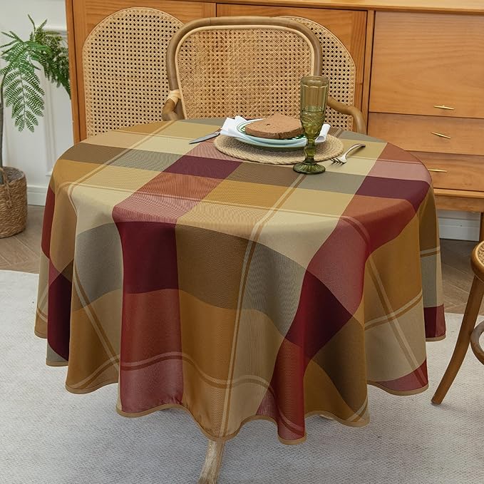 60" Round Polyester Plaid Tablecloth for Thanksgiving, Fall Table Cover Spillproof & Dust-Proof - Ideal for Indoor & Outdoor Use