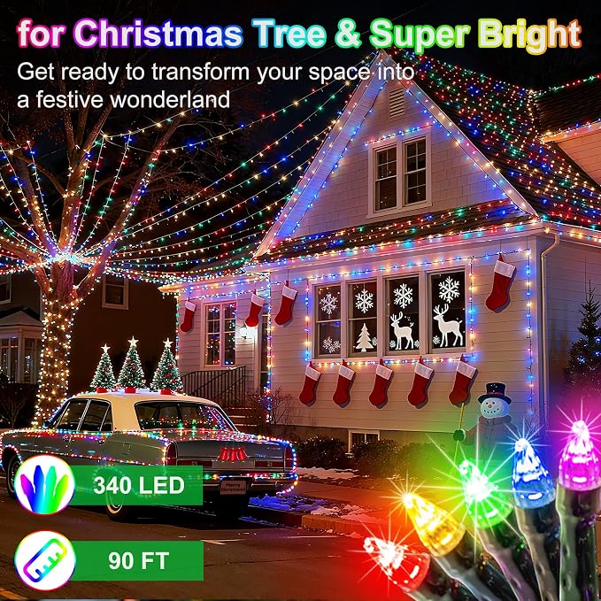 340 LED 90FT Christmas String Lights Outdoor, 12 Pro Modes and Timer Memory & Brightness, Plug in Waterproof Dark Green Wire Twinkle Light for for Xmas Yard Tree Wedding Party Decor (Multicolor)