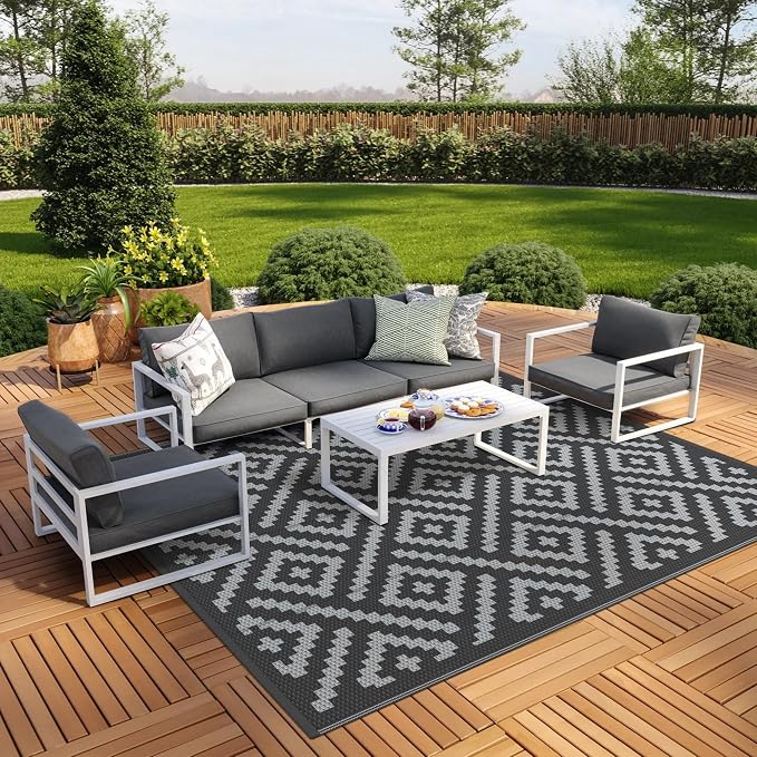 GENIMO Outdoor Rug, Waterproof Plastic Rugs 9'x12' for Camping Black Grey | Outside Larger Modern Carpet Mat for Porch Decor, Deck, Balcony, Camping, RV, Backyard, Picnic, Beach, Reversible, Foldable