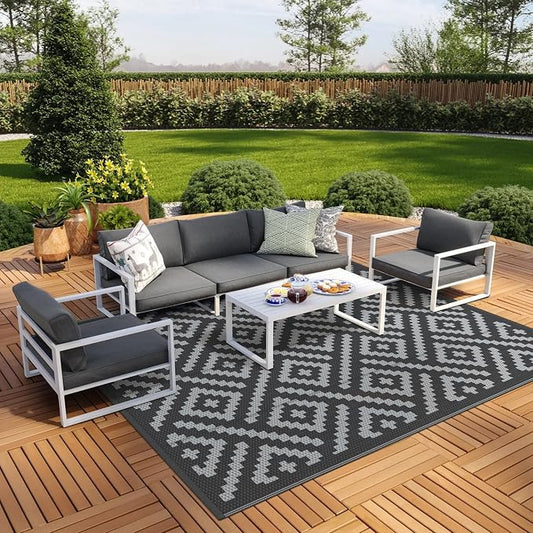 GENIMO Outdoor Rug, Waterproof Plastic Rugs 9'x12' for Camping Black Grey | Outside Larger Modern Carpet Mat for Porch Decor, Deck, Balcony, Camping, RV, Backyard, Picnic, Beach, Reversible, Foldable