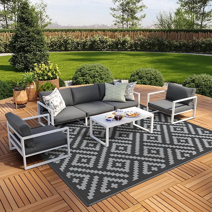 GENIMO Outdoor Rug, Waterproof Plastic Rugs for Patio, 8'x10' Black Grey | Outside Larger Modern Carpet Mat for Porch Decor, Deck, Balcony, Camping, RV, Backyard, Picnic, Beach, Reversible, Foldable