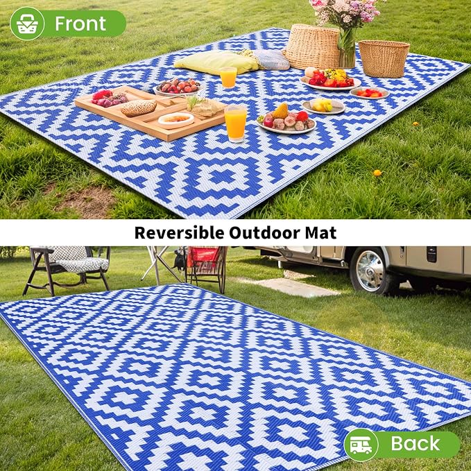 Smiry Outdoor Rug 4x6 ft Waterproof Reversible Boho Mat, White & Blue | Polypropylene Plastic Straw, Quick Drying, Lightweight Foldable, for Patio, Deck, RV Camping, Backyard and Indoor Outdoor Use
