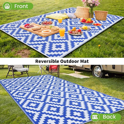 Smiry Outdoor Rug 4x6 ft Waterproof Reversible Boho Mat, White & Blue | Polypropylene Plastic Straw, Quick Drying, Lightweight Foldable, for Patio, Deck, RV Camping, Backyard and Indoor Outdoor Use