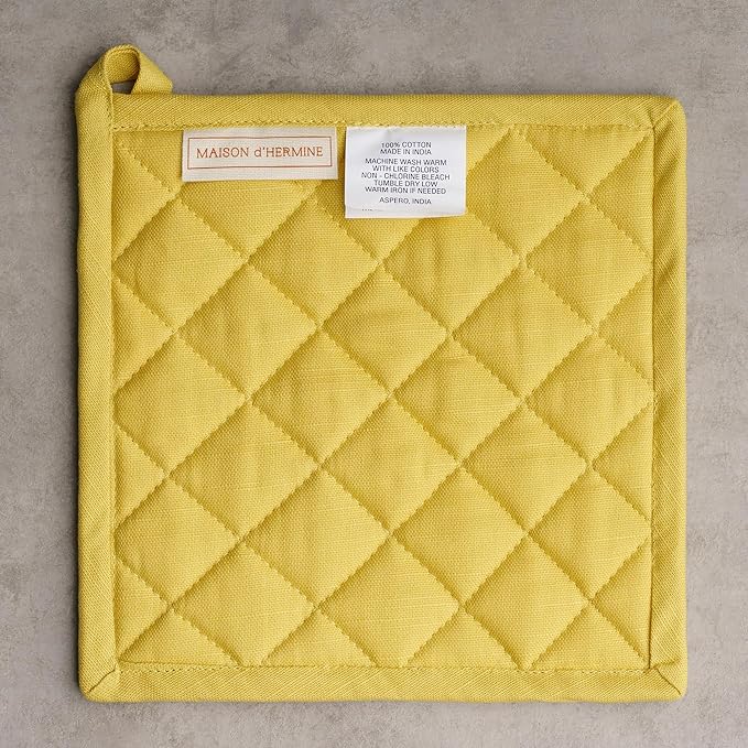 Maison d' Hermine Pot Holders 100% Cotton Heat Resistant Potholders 8" x 8" Hot Pads with Loop BBQ Cooking Baking Hotel Farmhouse Kitchen Handling Hot Pans Spring Summer (Pack of 1, Limoncello)