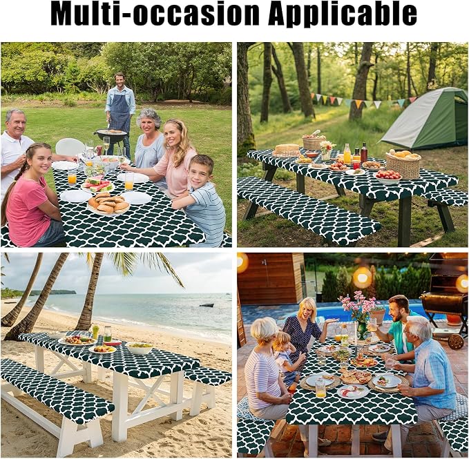 Smiry Picnic Table Cover with Bench Covers, Waterproof Elastic Fitted Tablecloth for 6 Foot Tables, Washable Polyester Tablecloths for Camping, Indoor & Outdoor (Hunter Green, 30x72 Inch 3-pc Set)