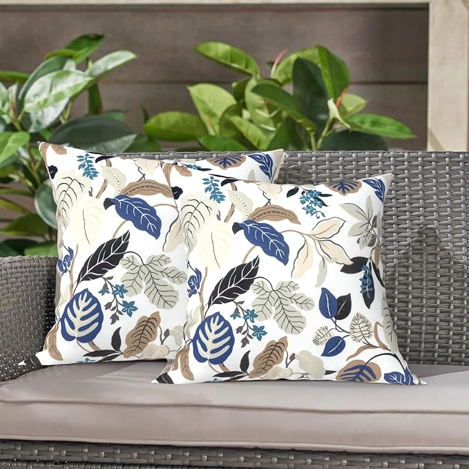 LVTXIII 2 Pack Outdoor Throw Pillow Covers for Patio Furniture, 16x16 Inch Square Pillow Case, Water-Repellent Cushion Covers for Garden, Porch, Sofa, Breeze Leaves Beige