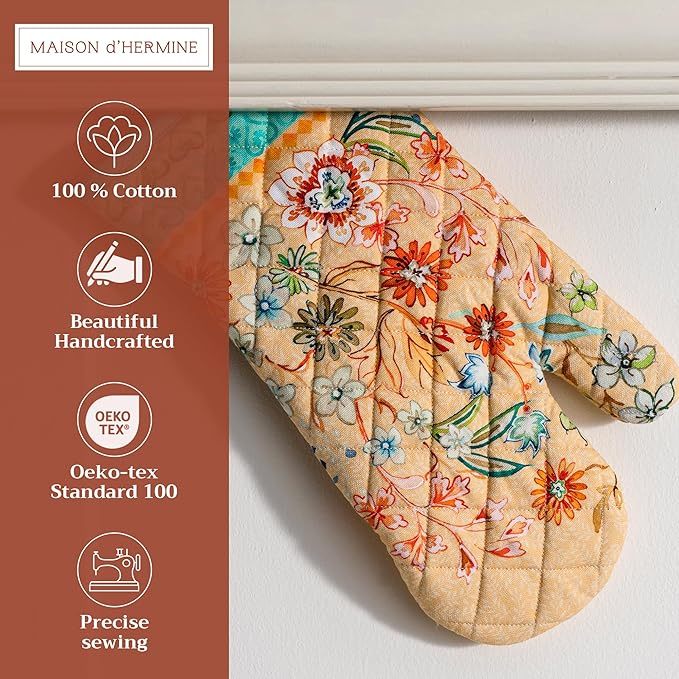 Maison d'Hermine Oven Gloves 100% Cotton Oven Mitt 7" x 13" with Loop Heat Resistant BBQ Cooking Gloves Baking Grilling Kitchen Hotel Home Farmhouse Spring Summer (Pack of 1, Luxury Loft - Peach)
