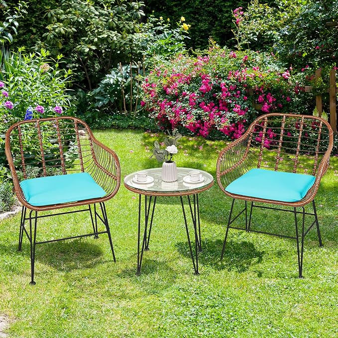 Tangkula 3 Pieces Patio Conversation Bistro Set, Outdoor Wicker Furniture w/Round Tempered Glass Top Table & 2 Rattan Armchairs, Bistro Chat Set w/Seat Cushions for Porch, Backyard, Garden