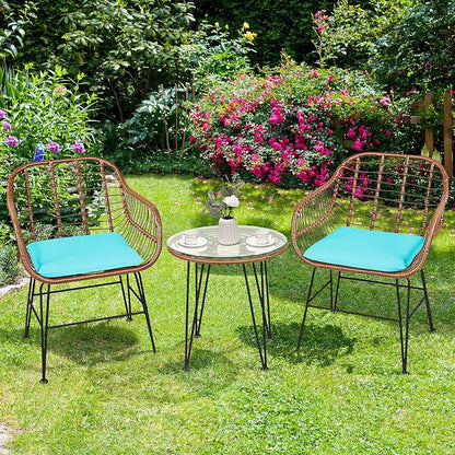 Tangkula 3 Pieces Patio Conversation Bistro Set, Outdoor Wicker Furniture w/Round Tempered Glass Top Table & 2 Rattan Armchairs, Bistro Chat Set w/Seat Cushions for Porch, Backyard, Garden