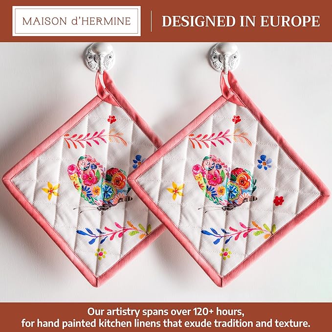 Maison d' Hermine Pot Holders 100% Cotton Heat Resistant Potholders 8" x 8" Hot Pads with Loop Baking Hotel Farmhouse Kitchen Handling Hot Pans Spring Summer (Pack of 2, Happy Florals - High Summer)