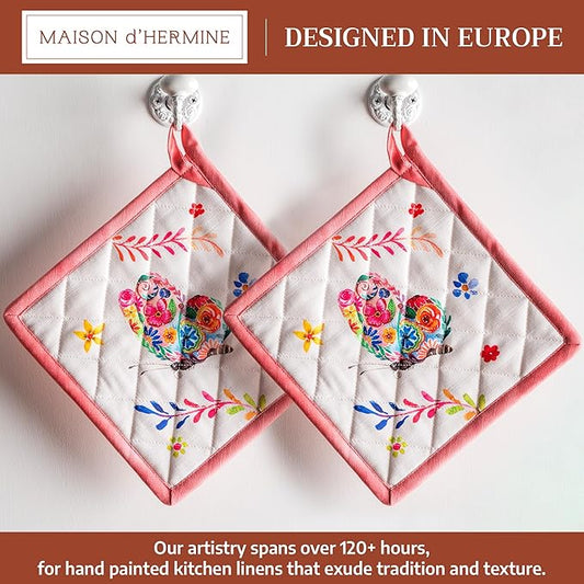 Maison d' Hermine Pot Holders 100% Cotton Heat Resistant Potholders 8" x 8" Hot Pads with Loop Baking Hotel Farmhouse Kitchen Handling Hot Pans Spring Summer (Pack of 2, Happy Florals - High Summer)