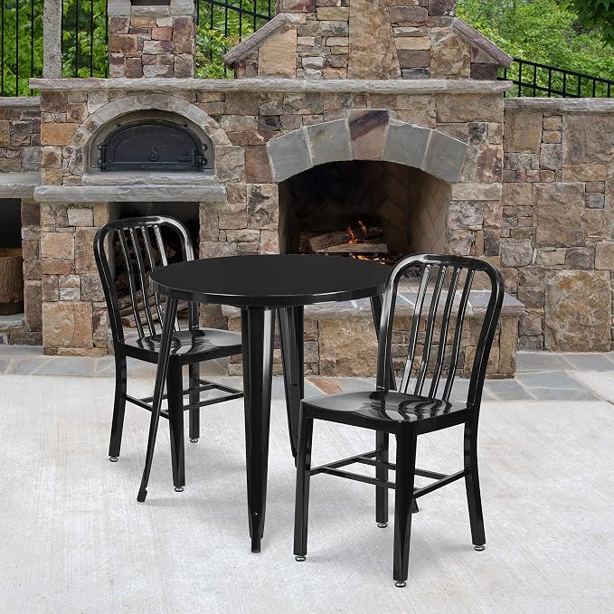 Flash Furniture Craig Commercial Grade 30" Round Black Metal Indoor-Outdoor Table Set with 2 Vertical Slat Back Chairs | Commercial Grade, Indoor/Outdoor Use, Vertical Slat Back