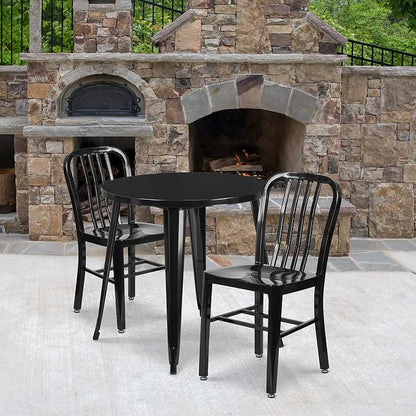 Flash Furniture Craig Commercial Grade 30" Round Black Metal Indoor-Outdoor Table Set with 2 Vertical Slat Back Chairs | Commercial Grade, Indoor/Outdoor Use, Vertical Slat Back