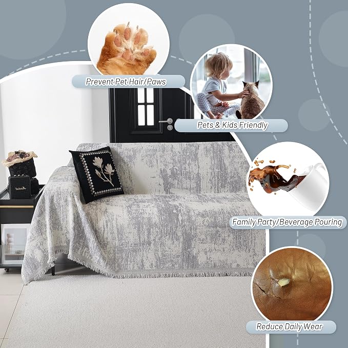 MYSKY HOME Boho Couch Cover for Dogs Washable Grey Abstract Couch Sofa Protector for Loveseat Sofa with Pets Friendly Chenille Geometric Sofa Covers Soft Durable Farmhouse Sofa Slipcovers, 91" X118"