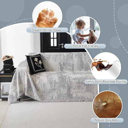 MYSKY HOME Boho Couch Cover for Dogs Washable Grey Abstract Couch Sofa Protector for Loveseat Sofa with Pets Friendly Chenille Geometric Sofa Covers Soft Durable Farmhouse Sofa Slipcovers, 91" X118"