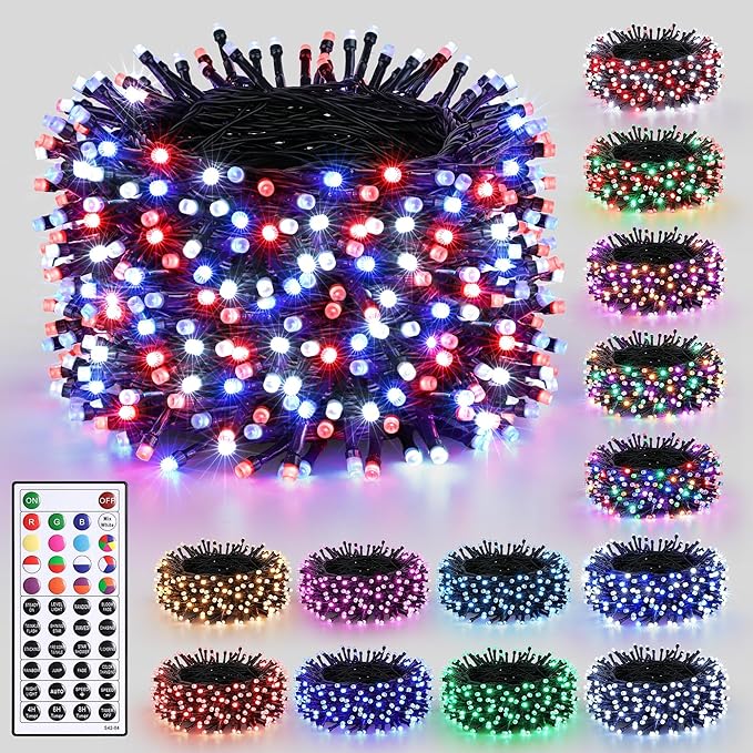 Joomer Red Blue White String Lights Outdoor, 100FT 300LED RGB Lights with Remote Timer Memory, Waterproof Indoor Outdoor 4th of July Independence Day Memorial Day Patriotic Yard Garden Decor