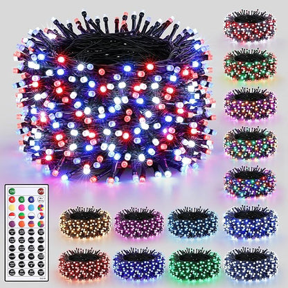 Joomer Red Blue White String Lights Outdoor, 100FT 300LED RGB Lights with Remote Timer Memory, Waterproof Indoor Outdoor 4th of July Independence Day Memorial Day Patriotic Yard Garden Decor
