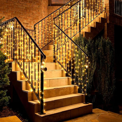 Eueasy Curtain Lights Outdoor, 300 LED Lights with 8 Lighting Modes. 15×3 FT Connectable, for Balconies, Fences, Stairs and Guardrails