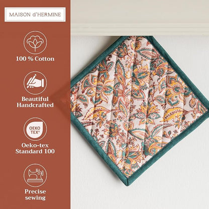 Maison d' Hermine Pot Holders 100% Cotton Potholders (8" x 8", Pack of 1) | Heat Resistant Hot Pads with Loop BBQ Cooking Baking Hotel Kitchen Handling Hot Pans Thanksgiving Christmas - Nila