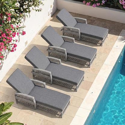 Merax Outdoor Rattan Chaise Lounge Set of 4, All-Weather Patio Recliners with 4-Position Adjustable Backrests, Armrests, and Removable Cushions for Poolside & Garden, Grey