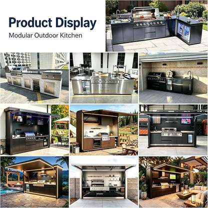 Luxury Modular Outdoor Kitchen Island, Stainless Steel Outdoor BBQ Grill Station with Sink, Storage, Countertop, Refrigerator, Pizza Oven, Backyard Patio Cooking for Family Gathering Entertaining
