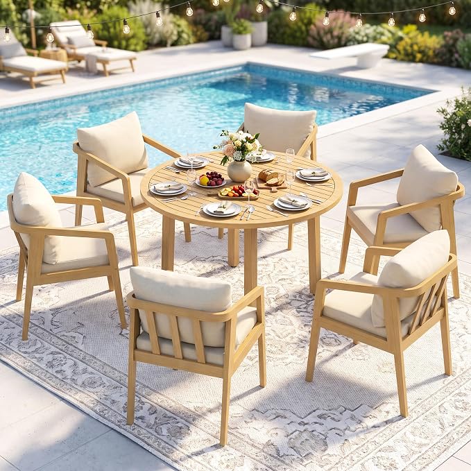 Wisteria Lane 7-Pieces Acacia Patio Table and Chairs Set for 6, Outdoor Dining Set with Round Table, Modern Patio Table Set with Cushion, Patio Furniture Set for Backyard Deck Garden Porch