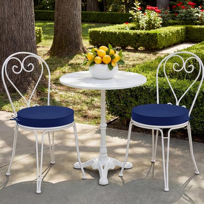 Summsun Outdoor Bistro Chair Cushions Set of 2, 15" D x 3" H Round Chair Cushions Waterproof and Fade Resistant Chair Cushion Pads with Non-Slip Ties and Removable Covers for Garden, Navy Blue