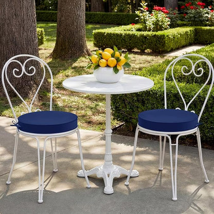 Summsun Outdoor Bistro Chair Cushions Set of 2, 15" D x 3" H Round Chair Cushions Waterproof and Fade Resistant Chair Cushion Pads with Non-Slip Ties and Removable Covers for Garden, Navy Blue