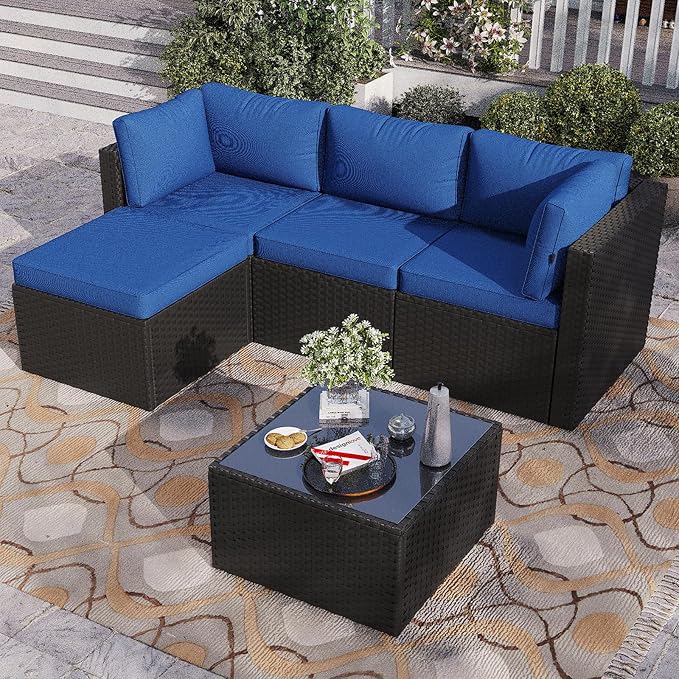 Aoxun Patio Furniture Set 5-Piece, Outdoor Sectional Sofas with Washable Cushion, Wicker Rattan Patio Conversation Sets for Backyard Porch and Poolside, Navy