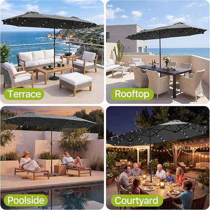REE SOLDIER 13ft Double Sided Patio Umbrella with Solar Lights (Dark Gray) | Waterproof Fade-Resistant Fabric, Rust-Proof Aluminum Pole, Crank Tilt Adjustment, Ideal For Garden, Yard, Pool, Patio