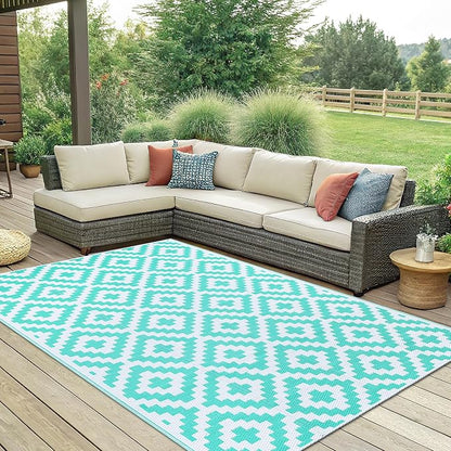 Smiry Outdoor Rug 6x9 ft Waterproof Reversible Boho Mat, White & Teal | Polypropylene Plastic Straw, Quick Drying, Lightweight Foldable, for Patio, Deck, RV Camping, Backyard and Indoor Outdoor Use