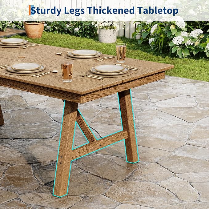 Garvee Outdoor Patio Dining Table Set for 4, 5 Piece Outdoor HDPE Dining Furniture Tables Set with Umbrella Hole, Aluminum Frame, All-Weather Garden Table and 6 Chairs for Backyard Poolside, Natural