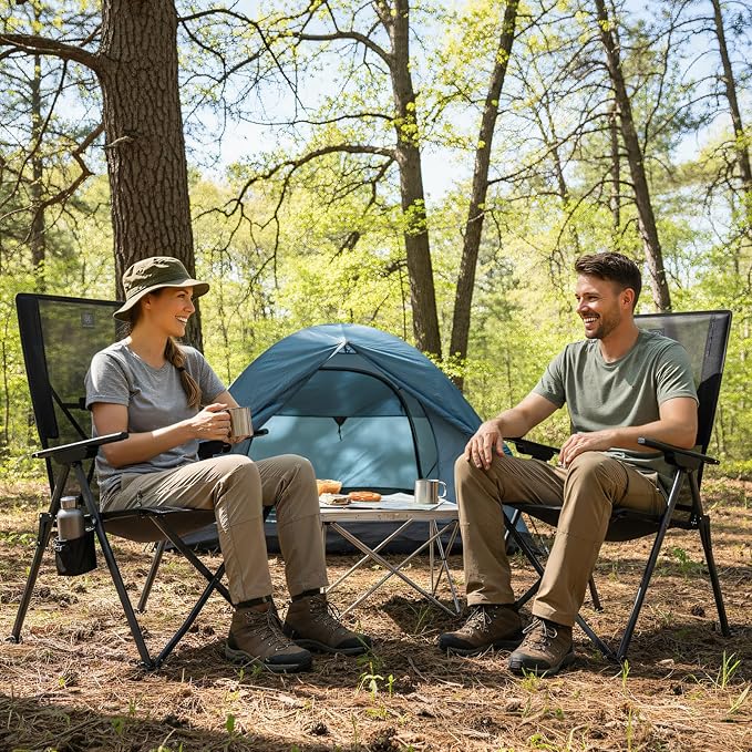 EVER ADVANCED Teslin Reclining Camping Chairs for Adult Lightweight, Portable Compact Folding Chair with Adjustable Back, 4-Level Recliner Chairs, Lawn Chair for Patio Balcony, Supports 300lbs, Black