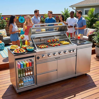Outdoor Kitchen Island, 82 Inch 6 Burner Propane Gas Grill Combination With Refrigerator and Sink, Outdoor Stainless Steel Barbecue Bar, Propane Grill, 85000 BTU