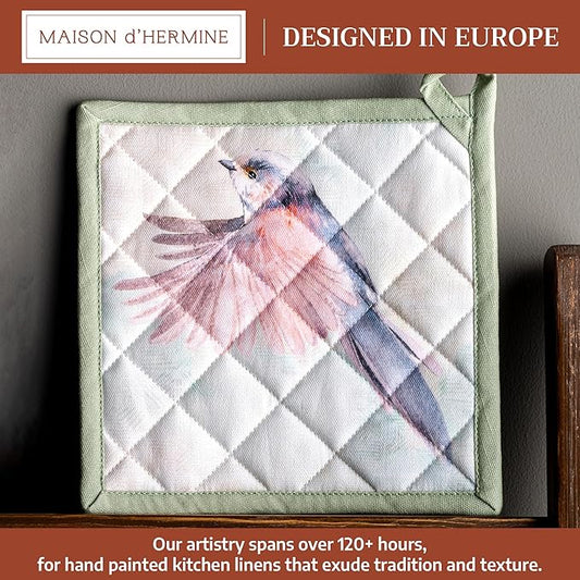 Maison d' Hermine Pot Holders 100% Cotton Heat Resistant Potholders 8" x 8" Hot Pads with Loop BBQ Cooking Baking Hotel Farmhouse Kitchen Handling Hot Pans Spring Summer (Pack of 1, Flying Birds)