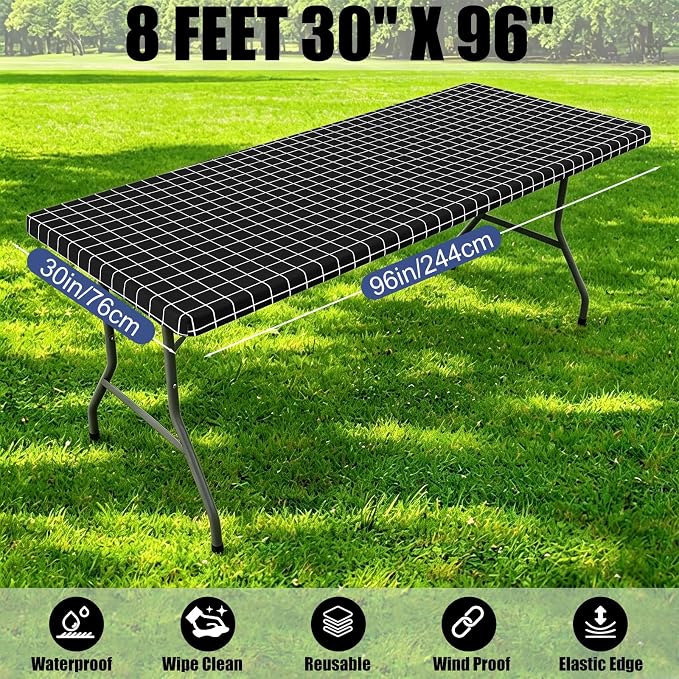 Smiry 2 Pack Rectangle Table Cloth 8 Foot, Waterproof Elastic Fitted Tablecloths, Windproof Washable Polyester Table Cover for Picnic, Camping, Outdoor (Black & White, 30"x96")