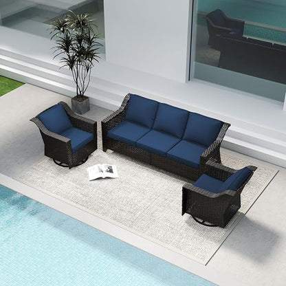 3 Pieces Patio Conversation Furniture Set - 1 Sofa, 2 Swivel Chairs, Outdoor Wicker Furniture with Removable Cushions for Porch, Balcony, Sunroom (Blue)