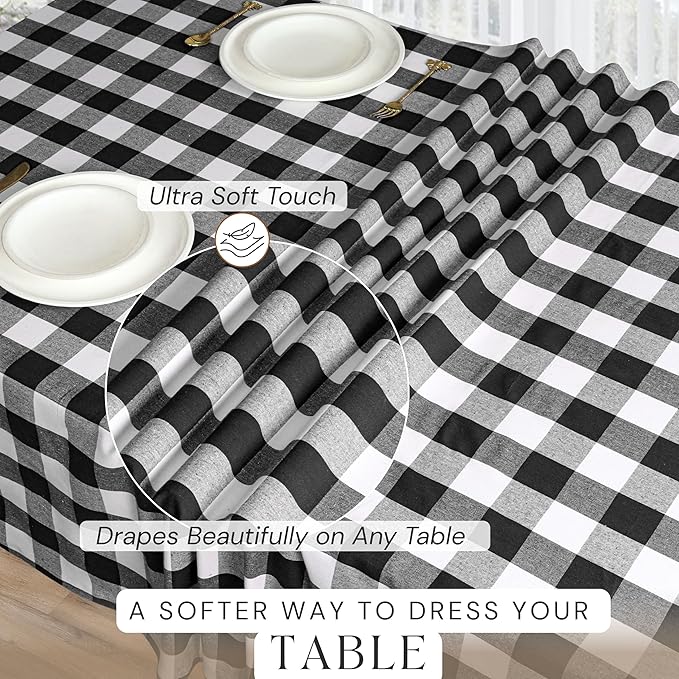 Black and White Buffalo Check Tablecloth, 60x102 Inches, Plaid Dining Table Cover, 100% Cotton, Washable, Reusable Farmhouse Table Linen for Holidays, Party, Wedding and Everyday Use