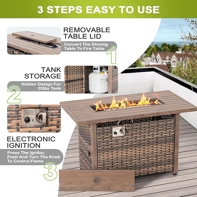 Nuu Garden 43" Propane Fire Pit Table, 50,000 BTU CSA-Listed Rattan Outdoor Gas Fire Pit with Lid & Glass Beads, Smokeless Rectangular Patio Heater Table for Backyard, Deck, Garden, Brown