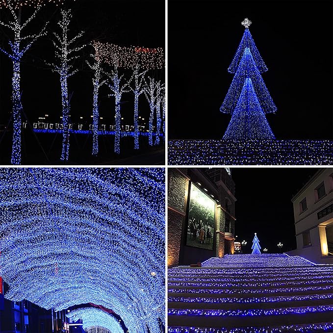 Wellisnow 164ft 500 LED Blue White Christmas Lights, 8 Lighting Modes Waterproof Christmas Lights Outdoor Plug in for Christmas Tree Yard Wedding Decorations(164FT,Blue&White)