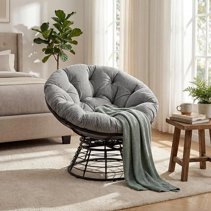 Cushion Papasan Swivel Chair, Ergonomic Wicker Round Chair with Thick Padding, Oversized Swivel Wicker Accent Chairs for Living Room, Bedroom, Reading Room, Balcony, Brown Frame, Gray