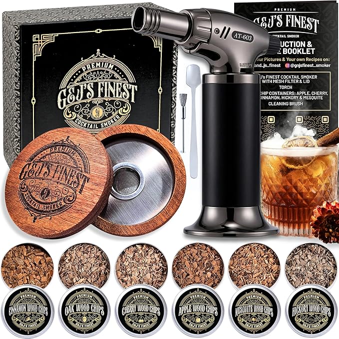 Whiskey Smoker Kit with 3-Flame Torch - 6 Wood Chips & Gift Box for Smoking Drinks| Cocktail Smoker Kit| Bourbon Smoker Kit| Old Fashioned Smoker Kit | Whiskey Gift for Men (No Butane Incl.)