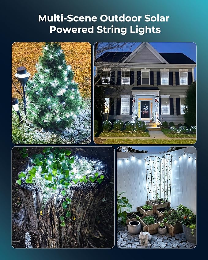 Solar String Lights, 2 Packs Total 66Ft 200 LED Fairy Lights Pure White | IP65 Waterproof Twinkle Lights with 8 Modes, Patio Lights for Tree Outside Patio Yard Party Wedding Christmas Decoration