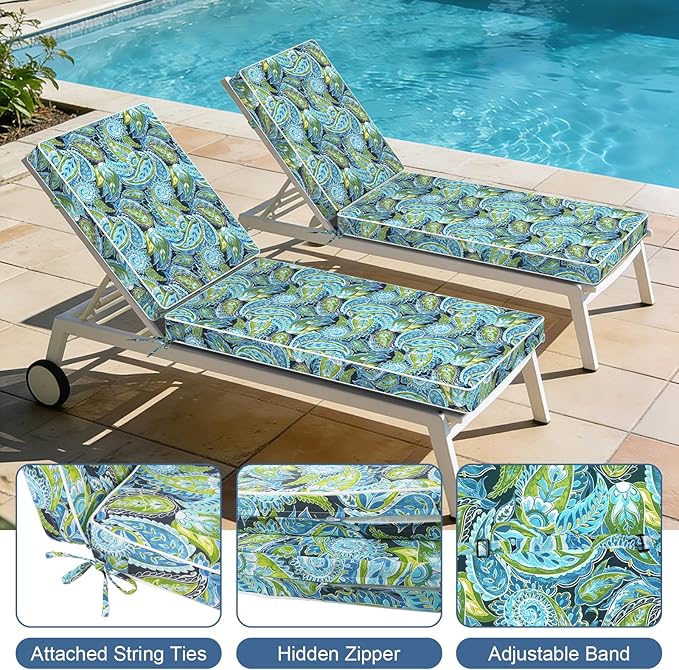 LVTXIII Outdoor Chaise Lounge Cushion 72x21x3 Inch, Water-Repellent Patio Seat Cushion with Ties & Hidden Zipper, Thick Foam Pad for Lawn Chair, Poolside, Patio Furniture, Paisley Lapis Green