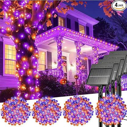 Minetom Halloween Solar Lights Outdoor,4Pack Total 160FT Halloweeen Light | 400 LED String Lights with 8 Lighting Modes,Black Wire Waterproof Solar String Lights for Outside Tree Party, Orange & Purple