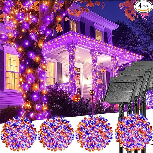 Minetom Halloween Solar Lights Outdoor,4Pack Total 160FT Halloweeen Light | 400 LED String Lights with 8 Lighting Modes,Black Wire Waterproof Solar String Lights for Outside Tree Party, Orange & Purple